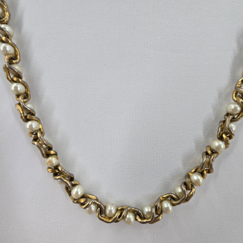 Vintage Gold Tone Faux Pearl Intertwined Chain Necklace Long 36 Inch